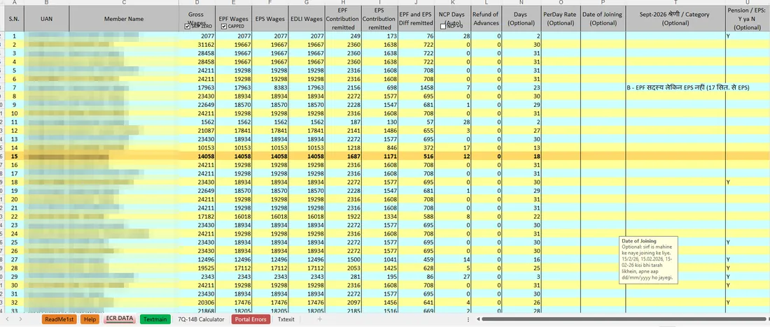 Excel sheet ECR DATA with wages, EPF EPS EDLI wages and NCP days